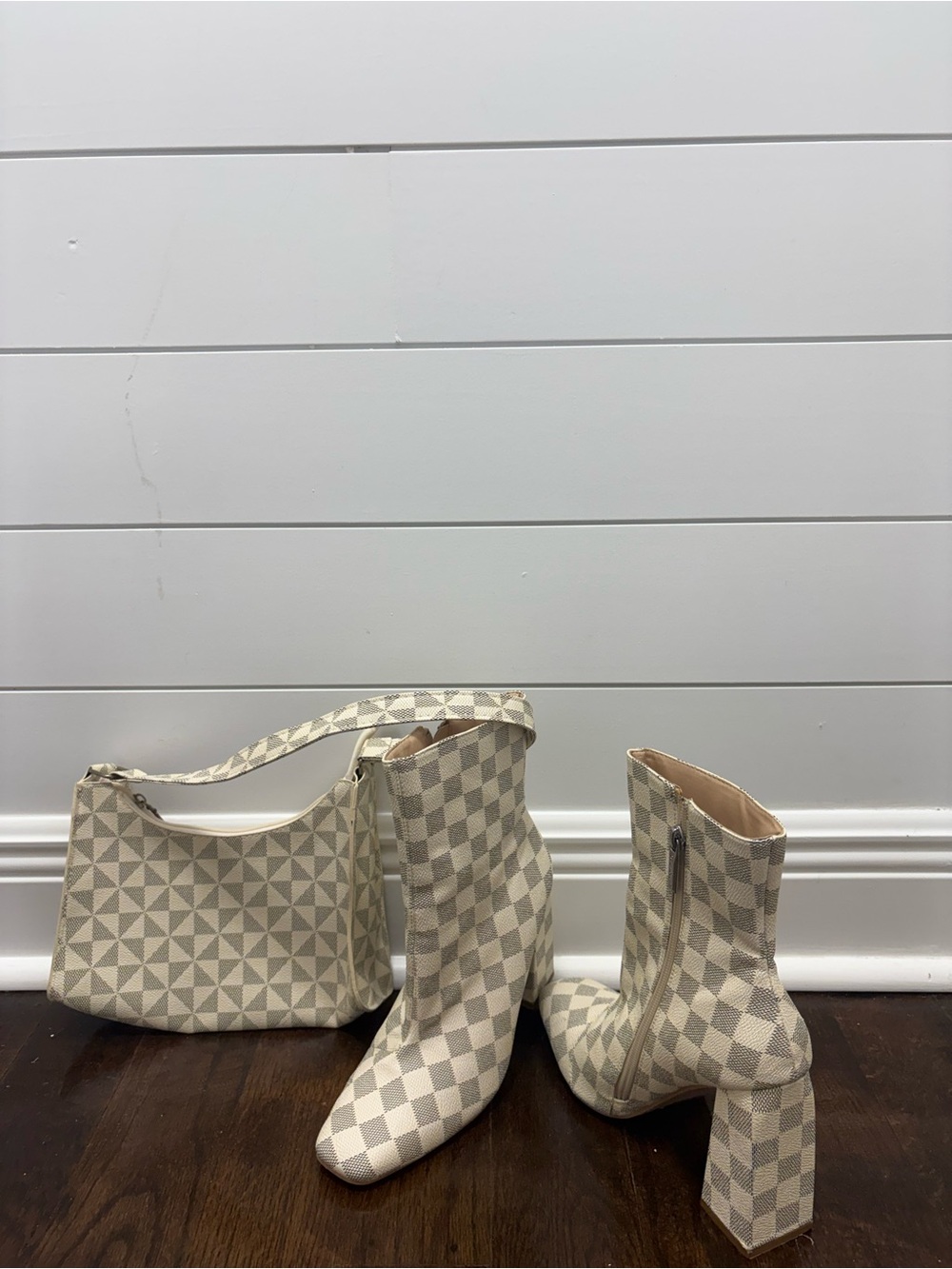 Cape Robbin Cream and Light Gray Checkered Block Heel Boots with matching purse
